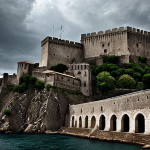 **HYDRA Fortress:** A dramatic, wide shot of the Fortress of Bard in Italy. Capture the imposing medieval architecture under a dark, slightly overcast sky. Emphasize the stone texture and the sense of foreboding. The style should lean towards realistic but with a slight cinematic enhancement.