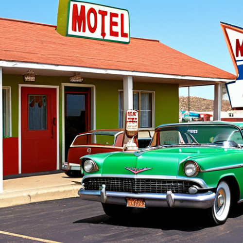 Home 25 **Image of a vintage "Green Book" motel**: Depict a vibrant yet modest "Green Book" motel along Route 66 in the 1950s. Show African American families arriving in their classic cars, greeted by the motel owners. The scene should evoke a sense of safety, community, and warm hospitality, contrasting with the segregated backdrop of the era. Include neon signs and period-appropriate automobiles.