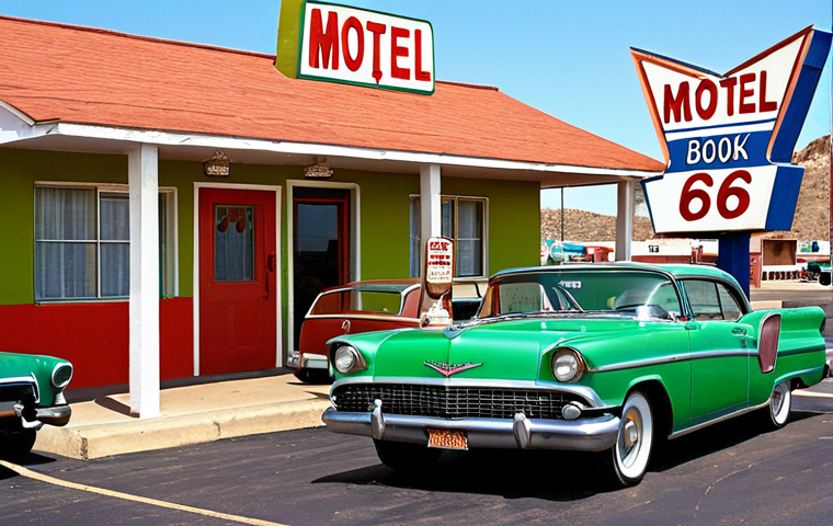 **Image of a vintage "Green Book" motel**: Depict a vibrant yet modest "Green Book" motel along Route 66 in the 1950s. Show African American families arriving in their classic cars, greeted by the motel owners. The scene should evoke a sense of safety, community, and warm hospitality, contrasting with the segregated backdrop of the era. Include neon signs and period-appropriate automobiles.