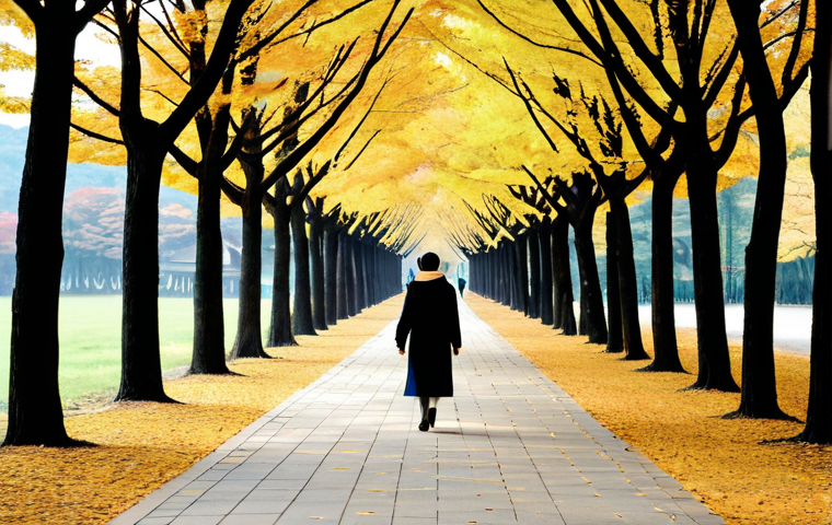 A solo adult traveler, fully clothed in warm, modest autumn attire, walking along the iconic tree-lined path on Nami Island in Chuncheon, South Korea. The environment features elegant trees with soft autumn foliage, creating a serene and contemplative atmosphere. The lighting is soft, natural daylight. Perfect anatomy, correct proportions, natural pose, well-formed hands, proper finger count, natural body proportions. High-resolution, professional photography, safe for work, appropriate content, family-friendly, fully clothed.