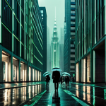 A panoramic view of a vast, modern city street under a perpetual drizzle, reflecting the glow of a few distant neon signs on wet asphalt. Towering, imposing corporate buildings with repetitive window patterns line the street, creating a sense of an endless urban labyrinth. A few individuals walk along the sidewalk, dressed in professional, modest business attire, their figures small and anonymous against the grandeur of the structures. The overall mood is somber and controlled, with a subtle digital green tint to the lighting, conveying a futuristic yet slightly dystopian atmosphere. High quality, cinematic photography, sharp focus, detailed textures, safe for work, appropriate content, fully clothed, professional.