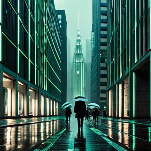 Home 23 A panoramic view of a vast, modern city street under a perpetual drizzle, reflecting the glow of a few distant neon signs on wet asphalt. Towering, imposing corporate buildings with repetitive window patterns line the street, creating a sense of an endless urban labyrinth. A few individuals walk along the sidewalk, dressed in professional, modest business attire, their figures small and anonymous against the grandeur of the structures. The overall mood is somber and controlled, with a subtle digital green tint to the lighting, conveying a futuristic yet slightly dystopian atmosphere. High quality, cinematic photography, sharp focus, detailed textures, safe for work, appropriate content, fully clothed, professional.