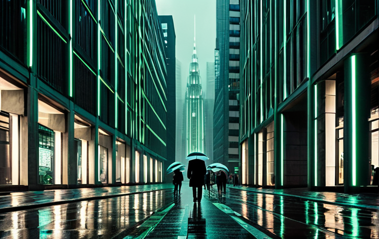 A panoramic view of a vast, modern city street under a perpetual drizzle, reflecting the glow of a few distant neon signs on wet asphalt. Towering, imposing corporate buildings with repetitive window patterns line the street, creating a sense of an endless urban labyrinth. A few individuals walk along the sidewalk, dressed in professional, modest business attire, their figures small and anonymous against the grandeur of the structures. The overall mood is somber and controlled, with a subtle digital green tint to the lighting, conveying a futuristic yet slightly dystopian atmosphere. High quality, cinematic photography, sharp focus, detailed textures, safe for work, appropriate content, fully clothed, professional.