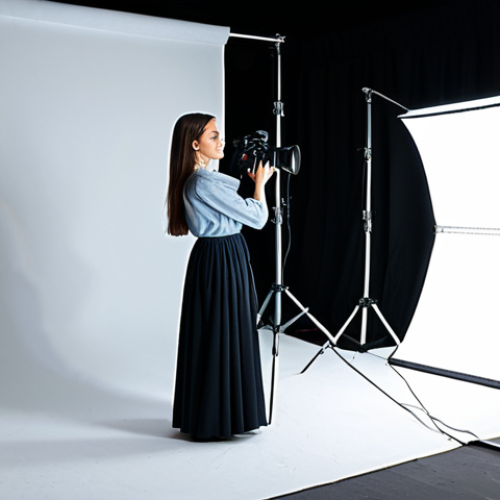 Home 9 "Mastering Light"**
A professional photographer in a well-lit tent studio, adjusting a softbox lighting a fully clothed model in elegant, modest clothing. The scene includes various photography equipment like cameras, lenses, and reflectors. Emphasis on the play of light and shadow on the model's face. Safe for work, appropriate content, professional, perfect anatomy, natural proportions, high-quality photography, realistic, fully clothed, modest attire.
**