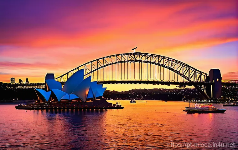 시드니 영화 속 명소 - **Prompt 1: Iconic Sydney Harbour at Sunset**
"A breathtaking wide-angle shot of Sydney Harbour ...