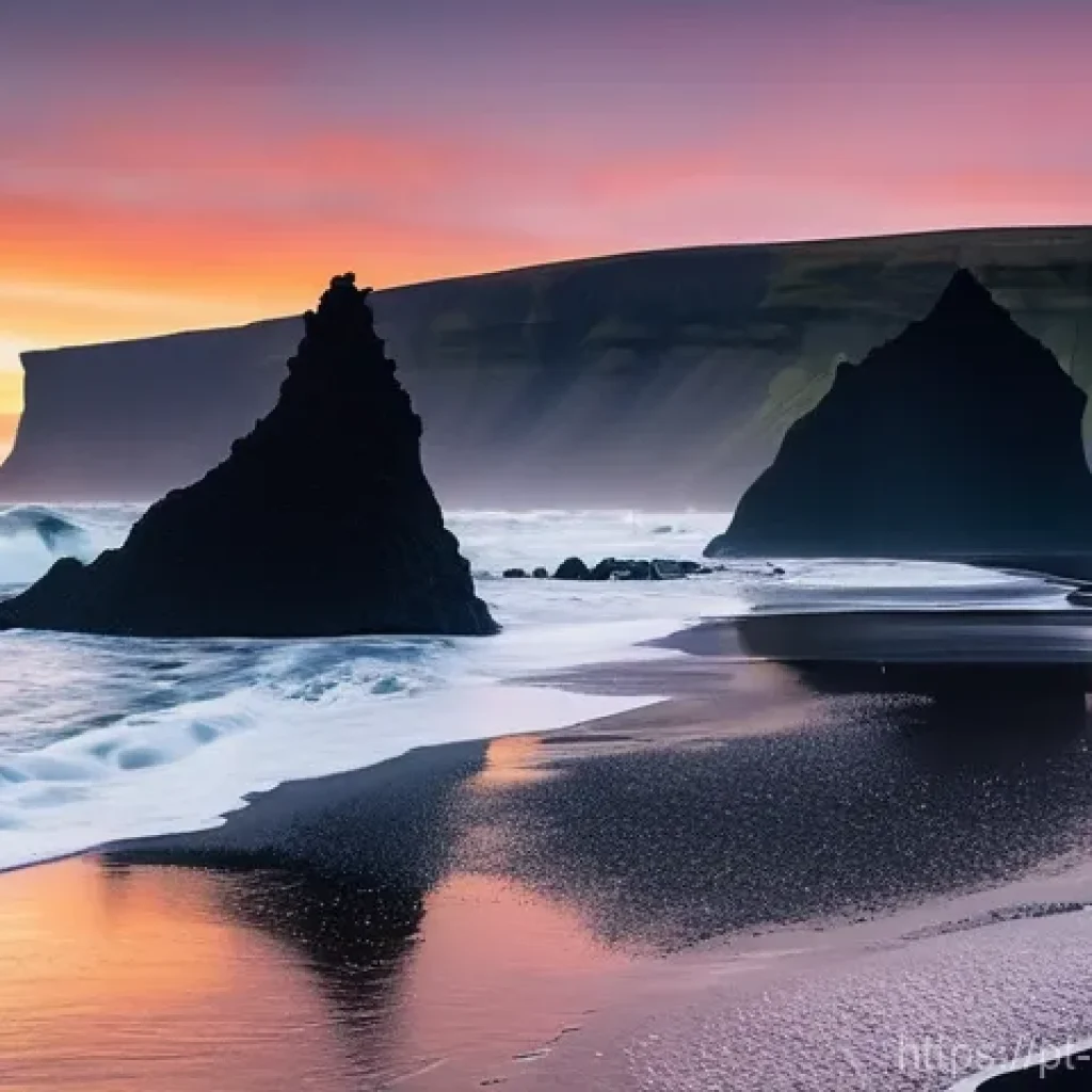 아이슬란드 영화 속 풍경 - **Prompt 1: Mystical Black Sand Beach at Dawn**
A breathtaking, wide-angle shot of a dramatic bl...