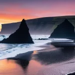 아이슬란드 영화 속 풍경 - **Prompt 1: Mystical Black Sand Beach at Dawn**
A breathtaking, wide-angle shot of a dramatic bl...