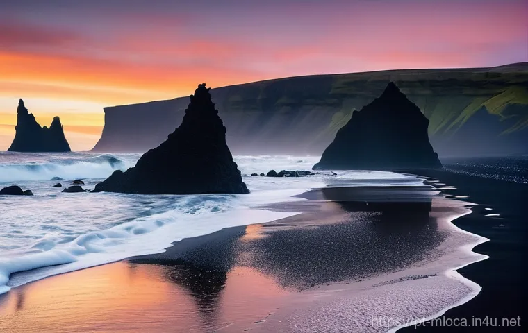 아이슬란드 영화 속 풍경 - **Prompt 1: Mystical Black Sand Beach at Dawn**
A breathtaking, wide-angle shot of a dramatic bl...