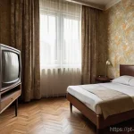 올드보이 촬영된 장소 - A deeply claustrophobic, windowless hotel room with peeling, faded floral wallpaper in dull shades o...