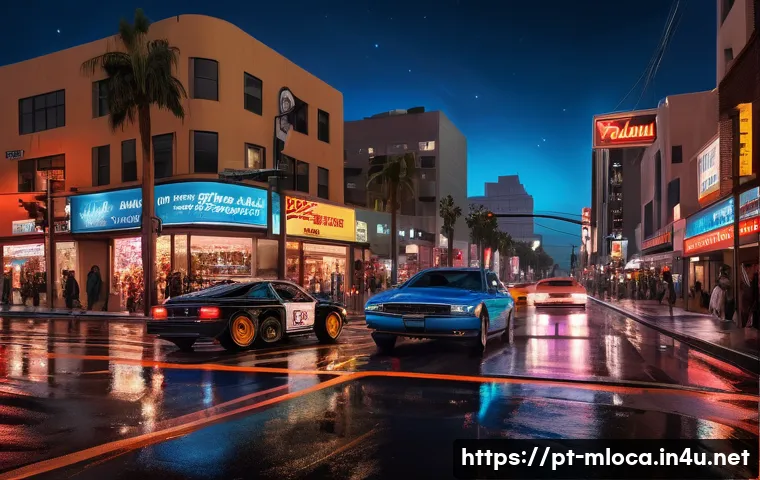 패스트 앤 퓨리어스 촬영된 장소 - A vibrant nighttime urban street scene in Los Angeles featuring wide avenues and diverse architectur...