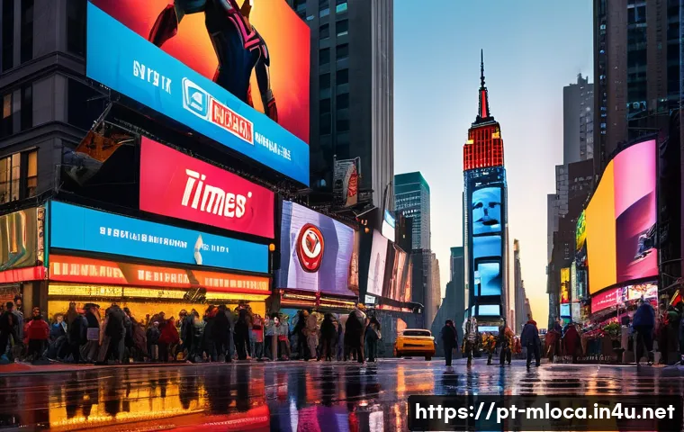 어벤져스 영화 촬영 명소 - A bustling New York City street scene at dusk featuring iconic skyscrapers like the Empire State Bui...