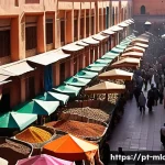 Home 22 올드가드 영화 속 모로코 명소 - A vibrant and bustling Marrakech souk scene at midday, featuring narrow alleys lined with colorful s...