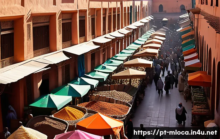 올드가드 영화 속 모로코 명소 - A vibrant and bustling Marrakech souk scene at midday, featuring narrow alleys lined with colorful s...