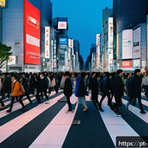 Home 31 도쿄 영화 촬영 명소 - A bustling Shibuya Crossing scene at twilight, filled with a diverse crowd of pedestrians crossing i...