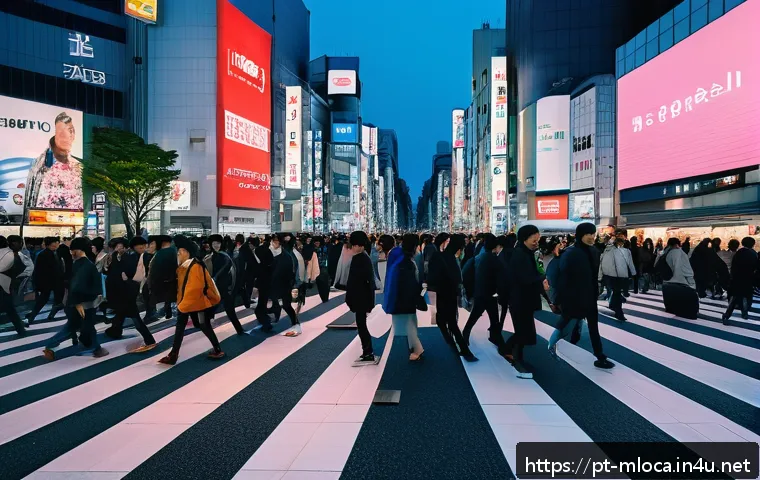 도쿄 영화 촬영 명소 - A bustling Shibuya Crossing scene at twilight, filled with a diverse crowd of pedestrians crossing i...