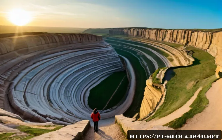 가디언즈 오브 갤럭시 실제 촬영지 - Photorealistic cinematic view of a vast sandstone quarry in England, dramatic layered rock walls and...